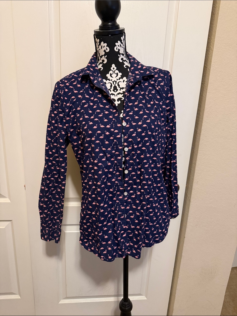Women's Navy Blue Button-Up Blouse with Pink Flamingo Print